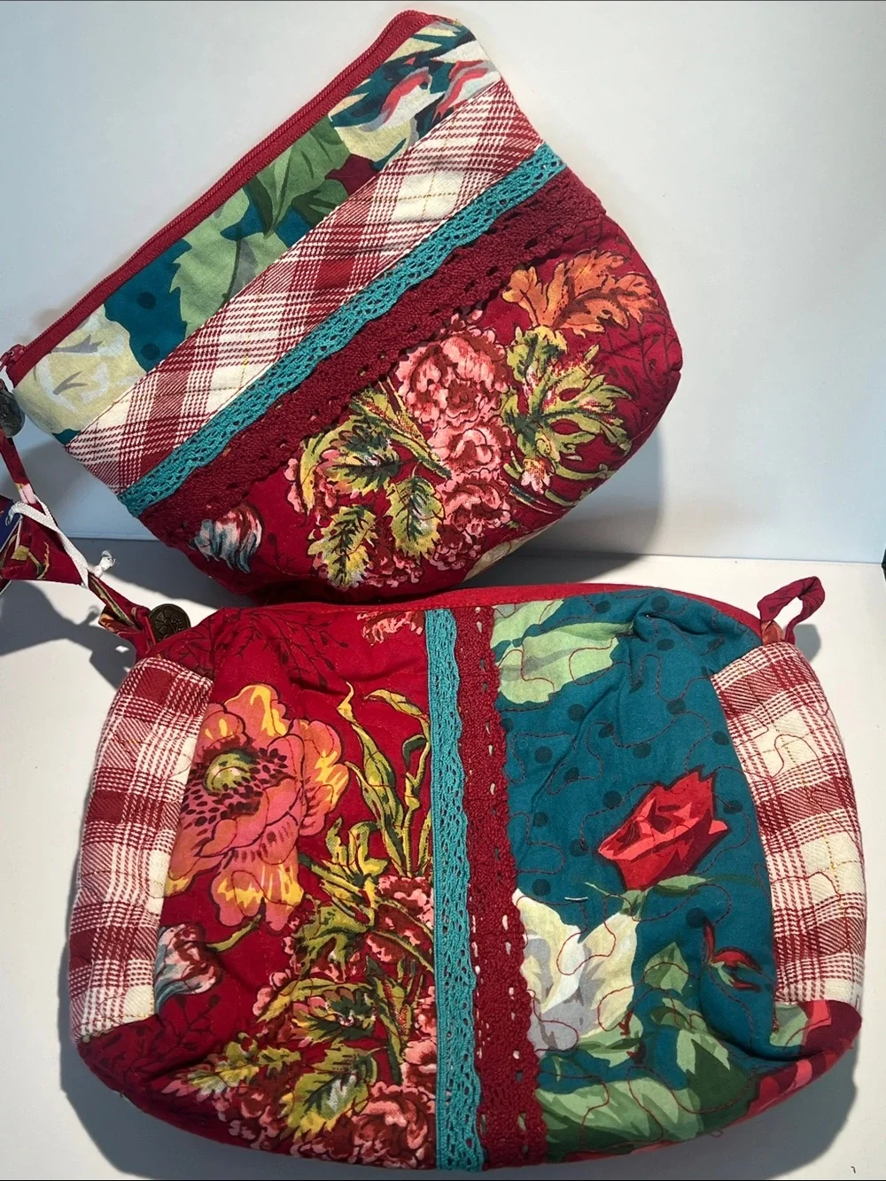 April Cornell Red Floral Quilted Cosmetic Crossbody with Teal Accents